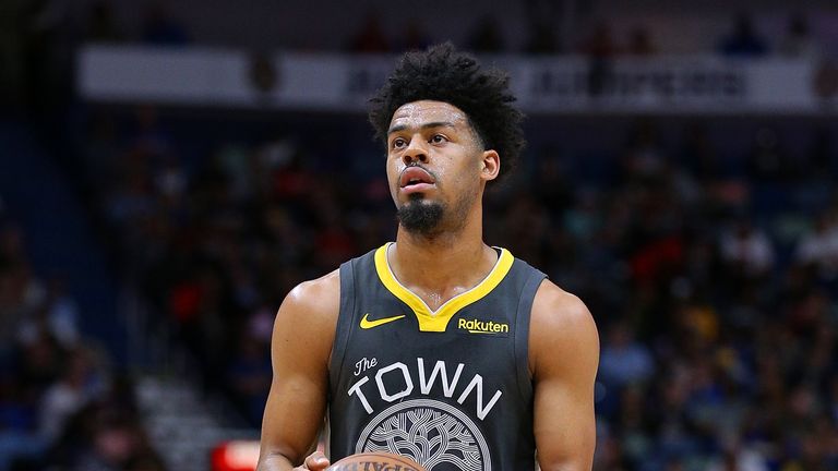 Quinn Cook #4 of the Golden State Warriors shoots during the second half against the New Orleans Pelicans at the Smoothie King Center on April 09, 2019 in New Orleans, Louisiana. 