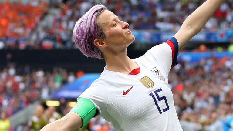 Megan Rapinoe celebrates firing the USA into the lead in the Women's World Cup final