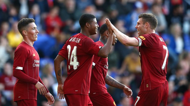 Rhian Brewster celebrates with team-mates after scoring