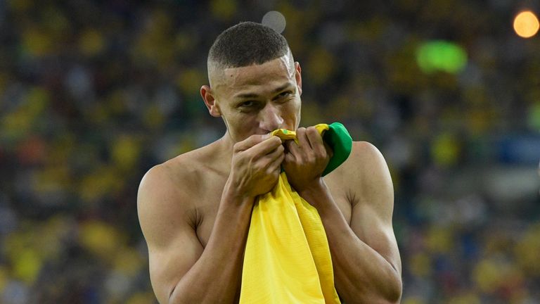 Richarlison celebrates scoring for Brazil in the Copa America final against Peru