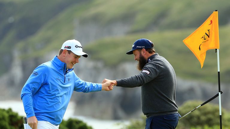 Robert MacIntyre celebrates his eagle at the fifth with Andrew Johnston during the first round of The Open