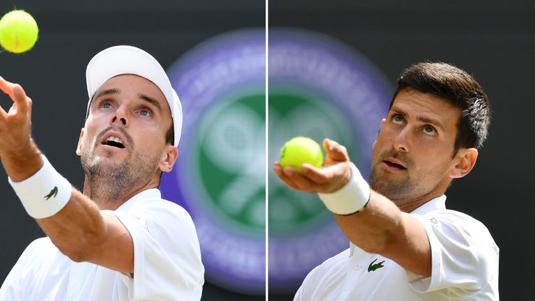 Spain's Roberto Bautista Agut (L) serving during his men's quarter-final match of the 2019 Wimbledon Championships at The All England Lawn Tennis Club in Wimbledon, southwest London, on July 10, 2019 and Serbia's Novak Djokovic (R) serving during his men's singles fourth round match at the 2019 Wimbledon Championships on July 8, 2019