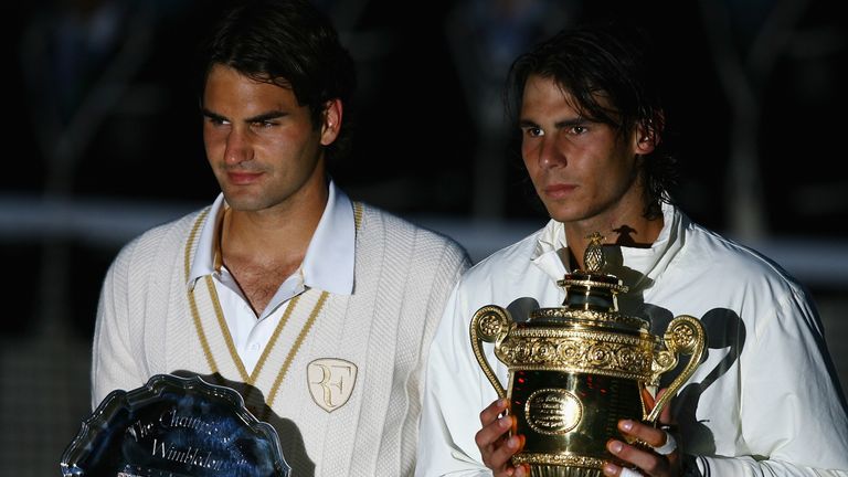 Roger Federer and Rafael Nadal after the 2008 Wimbledon men's  final