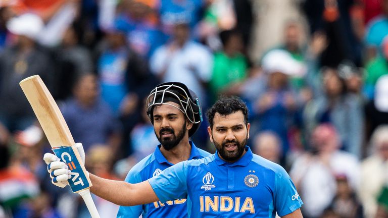 Rohit celebrates after reaching his century against Bangladesh
