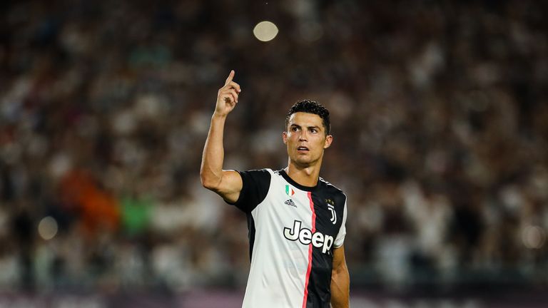 Cristiano Ronaldo of Juventus reacts after scoring during the penalty shootout of the International Champions Cup match against FC Internazionale at the Nanjing Olympic Center Stadium on July 24, 2019 in Nanjing, China