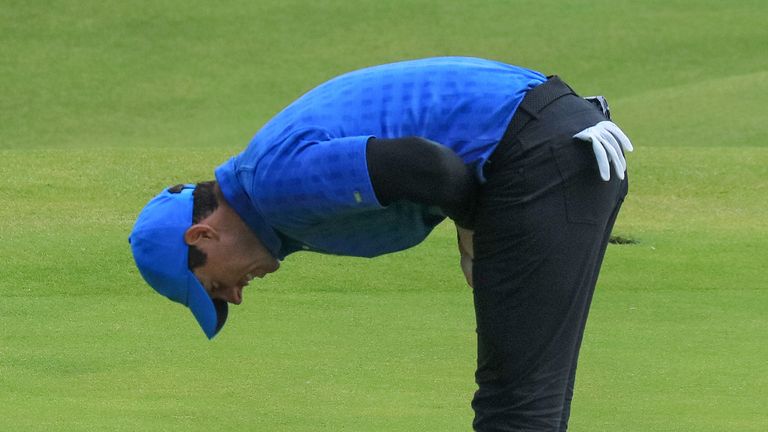 Rory McIlroy of Northern Ireland reacts to missing a birdie putt on the 13th hole during the first round of the 148th Open Championship held on the Dunluce Links at Royal Portrush Golf Club on July 18, 2019 in Portrush, United Kingdom. 