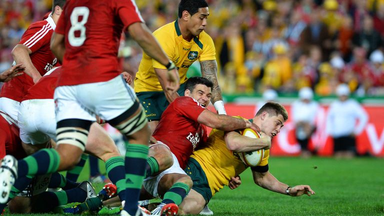 James O'Connor scores a try against the British and Irish Lions in the third Test in 2013