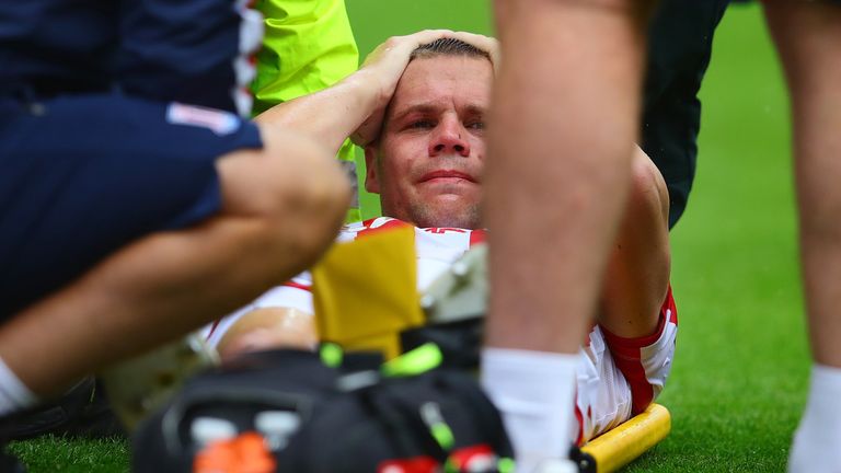  Ryan Shawcross of Stoke City receives treatment for a broken ankle