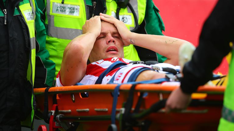 Stoke's Ryan Shawcross was carried off on a stretcher