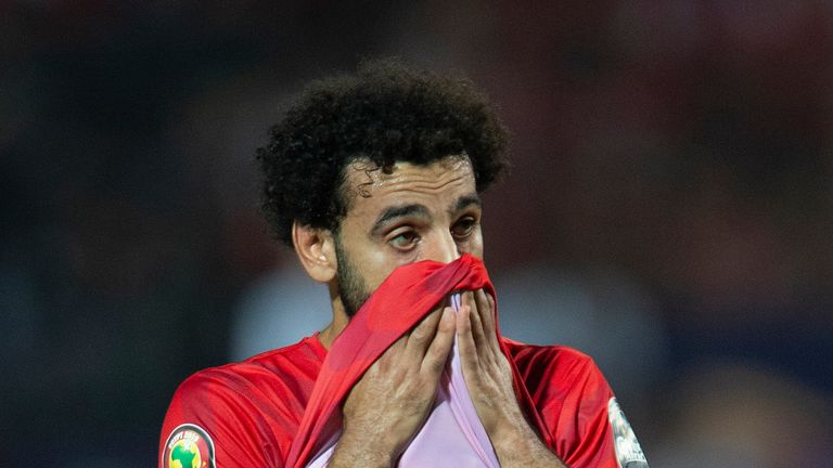 CAIRO, EGYPT - JULY 06: Mohamed Salah of Egypt react after losing the 2019 Africa Cup of Nations Round of 16 match between Egypt and South Africa at Cairo International Stadium on July 6, 2019 in Cairo, Egypt. (Photo by Visionhaus)