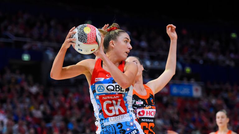 Sarah Klau competes for the New South Wales Swifts in Suncorp Super Netball league