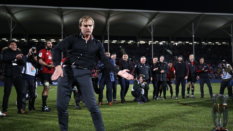 Scott Robertson busting a move after the Crusaders win the 2019 Super Rugby trophy