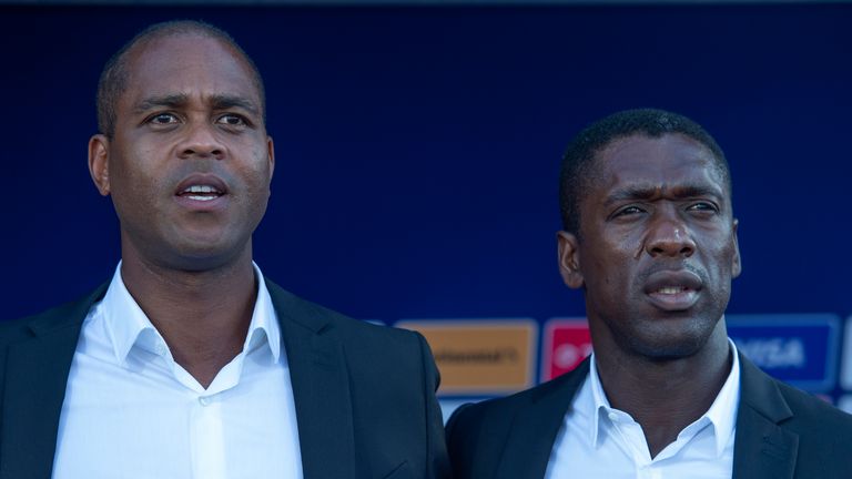 ISMAILIA, EGYPT - JULY 02: Assistant Cameroon Coach Patrick Kluivert and Head Coach  Clarence Seedorf during the 2019 Africa Cup of Nations Group F match between Benin and Cameroon at Ismailia Stadium on July 2, 2019 in Ismailia, Egypt. (Photo by Visionhaus)
