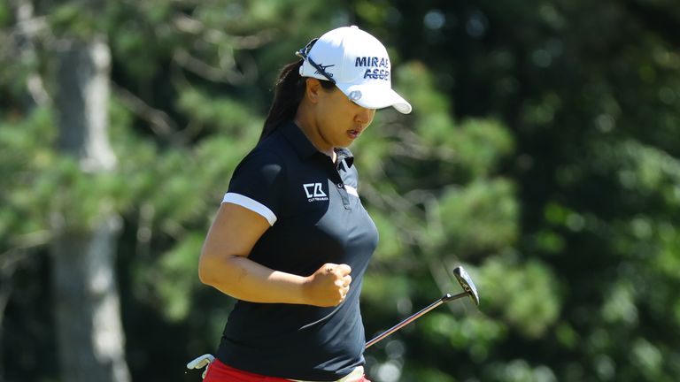 Sei Young Kim celebrates after birdieing the 15th hole during the final round of the Marathon Classic