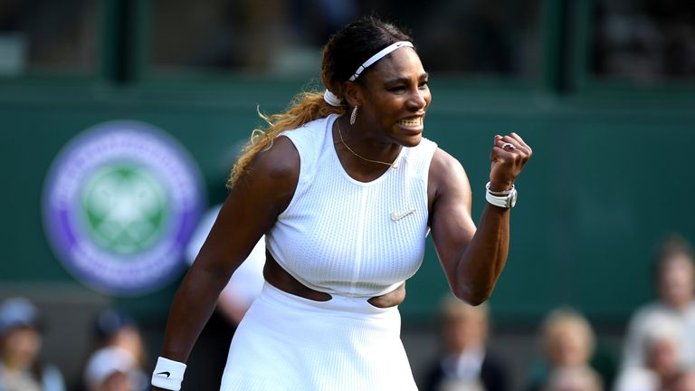Serena Williams celebrates beating Italia's Giulia Gatto-Monticone during their women's singles first round match on the second day of the 2019 Wimbledon Championships at The All England Lawn Tennis Club in Wimbledon,