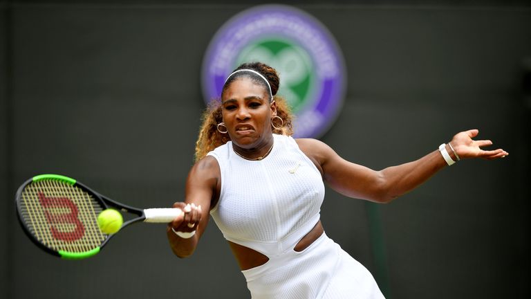 Serena Williams of The United States plays a forehand in her Ladies' Singles third round match against Julia Goerges of Germany during Day six of The Championships - Wimbledon 2019 at All England Lawn Tennis and Croquet Club on July 06, 2019 in London, England.