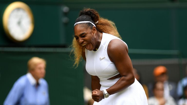 Serena Williams of the United States celebrates in her Ladies' Singles Quarter Final match against Alison Riske of the United States during Day Eight of The Championships - Wimbledon 2019 at All England Lawn Tennis and Croquet Club on July 09, 2019 in London, England.