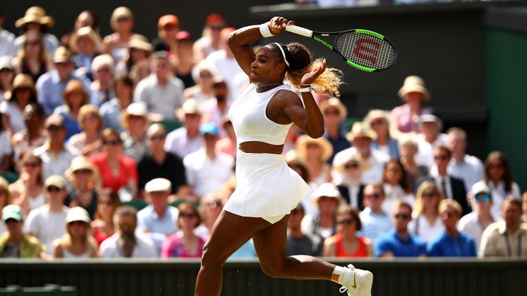 Serena Williams of The United States plays a forehand in her Ladies' Singles semi-final match against Barbora Strycova of The Czech Republic during Day Ten of The Championships