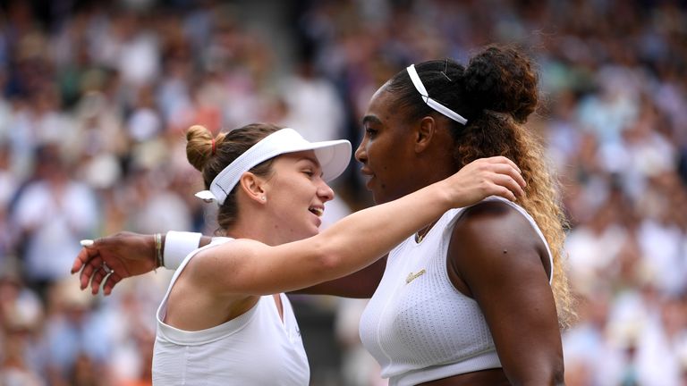 Simona Halep and Serena Williams share a warm embrace at the net