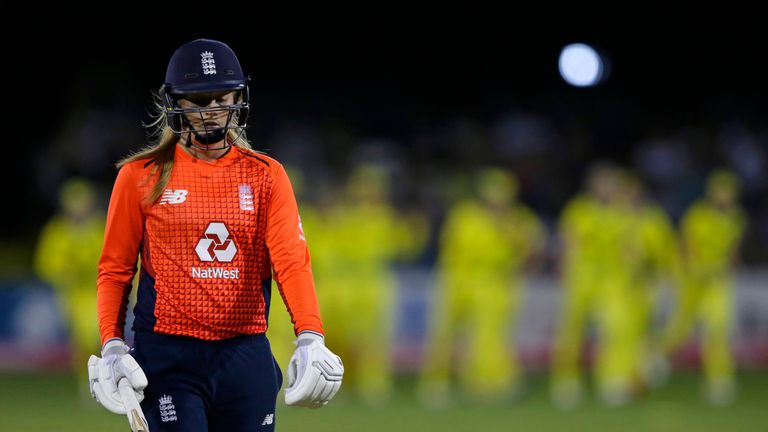 Sophie Ecclestone walks off after losing her wicket in the T20 defeat in Chelmsford