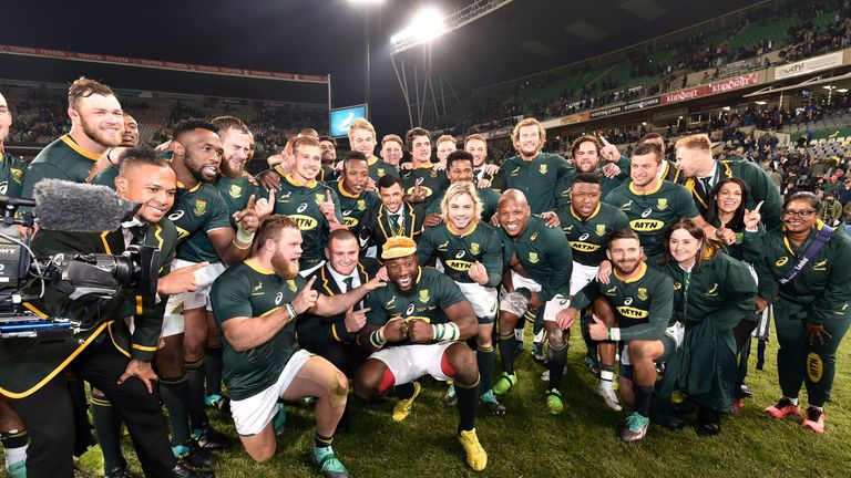 BLOEMFONTEIN, SOUTH AFRICA - JUNE 16: Springboks celebrate after winning during the 2018 Castle Lager Incoming Series match between South Africa and England at Toyota Stadium on June 16, 2018 in Bloemfontein, South Africa. (Photo by Johan Pretorius/Gallo Images/Getty Images)