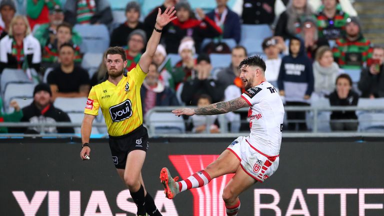 SYDNEY, AUSTRALIA - JULY 26: Gareth Widdop of the Dragons kicks a penalty during the round 19 NRL match between the South Sydney Rabbitohs and the St George Illawarra Dragons at ANZ Stadium on July 26, 2019 in Sydney, Australia. (Photo by Cameron Spencer/Getty Images)