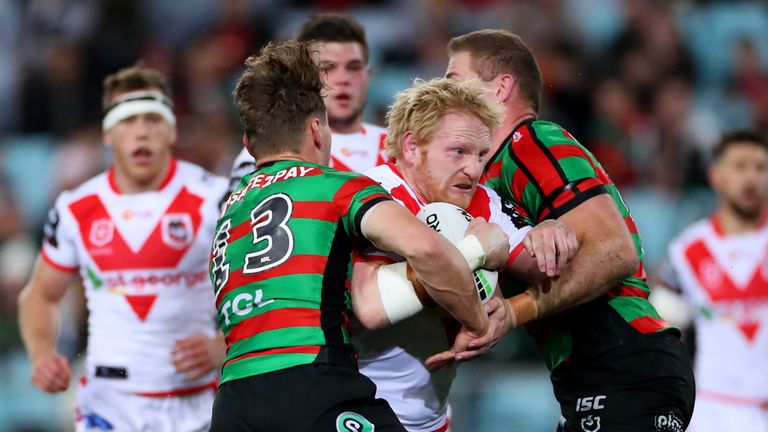 SYDNEY, AUSTRALIA - JULY 26: James Graham of the Dragons is tackled during the round 19 NRL match between the South Sydney Rabbitohs and the St George Illawarra Dragons at ANZ Stadium on July 26, 2019 in Sydney, Australia. (Photo by Cameron Spencer/Getty Images)