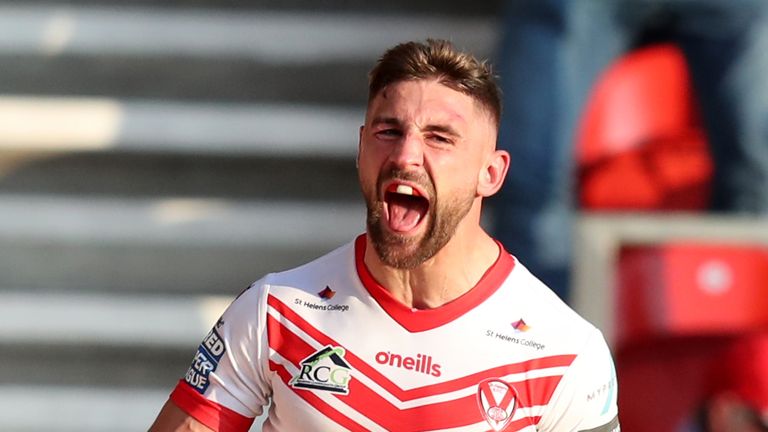 St Helens' Tom Makinson celebrates scoring his side's second try against Wigan