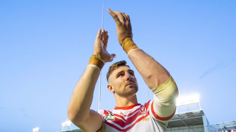 Picture by Allan McKenzie/SWpix.com - 28/06/2019 - Rugby League - Betfred Super League - Warrington Wolves v St Helens - Halliwell Jones Stadium, Warrington, England - St Helens's Tommy Makinson thanks the fans after his side's victory over Warrington.