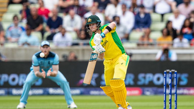 Steve Smith of Australia defends during the Semi-Final match of the ICC Cricket World Cup 2019 between Australia and England at Edgbaston on July 11, 2019 in Birmingham, England. (Photo by Andy Kearns/Getty Images)