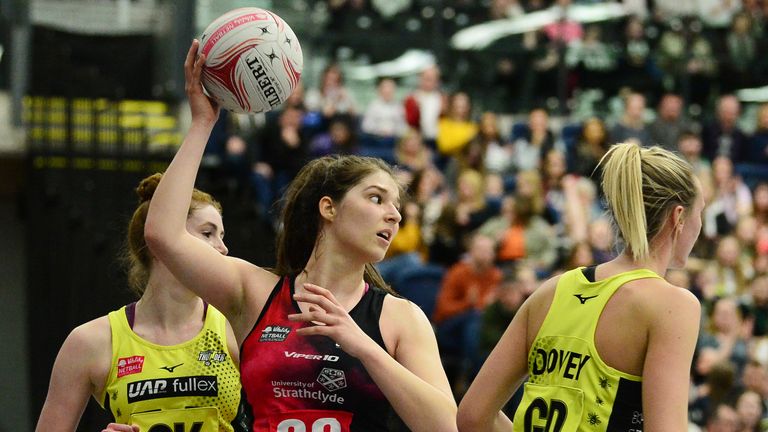 Bethan Goodwin at goal shooter for Strathclyde Sirens in the Vitality Netball Superleague