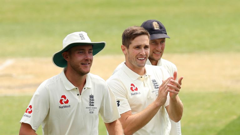 Stuart Broad, Chris Woakes and Joe Root during day four of the Second Test match during the 2017/18 Ashes Series between Australia and England at Adelaide Oval on December 5, 2017 in Adelaide, Australia.