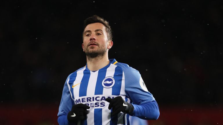MANCHESTER, ENGLAND - MARCH 17: Markus Suttner of Brighton & Hove Albion during the FA Cup Quarter Final match between Manchester United and Brighton & Hove Albion at Old Trafford on March 17, 2018 in Manchester, England. (Photo by Matthew Ashton - AMA/Getty Images)
