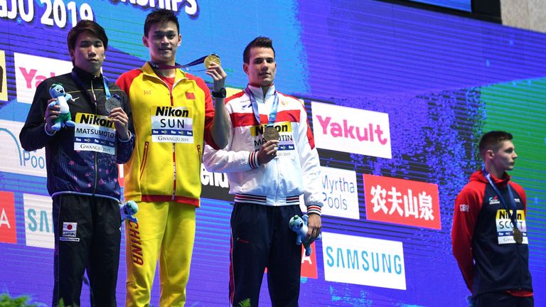 British swimmer Duncan Scott refused to share the podium with China's Sun Yang after the men's 200m freestyle at the World Aquatics Championship in Gwangju.