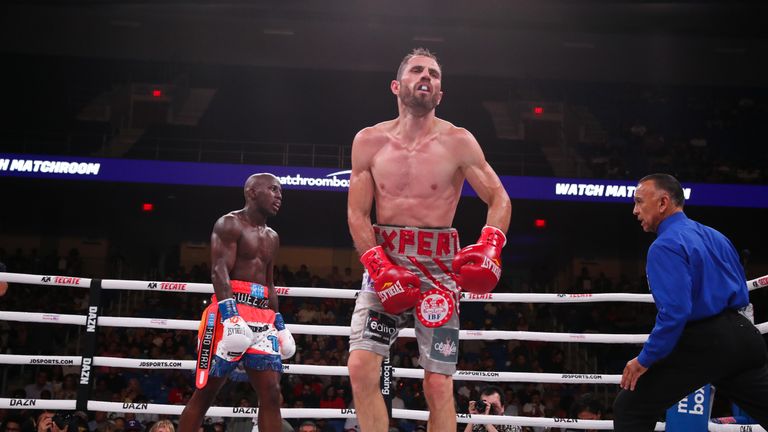 July 27, 2019; Dallas, TX; IBF super featherweight champion Tevin Farmer and Guillaume Frenois during their July 27, 2019 Matchroom Boxing USA bout at College Park Center in Arlington, TX.  Mandatory Credit: Ed Mulholland/Matchroom Boxing USA