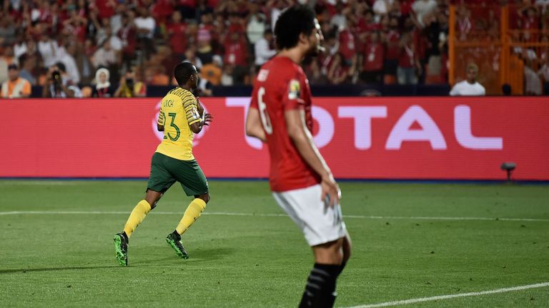 Thembinkosi Lorch wheels away after firing South Africa into the quarter-finals at the Africa Cup of Nations