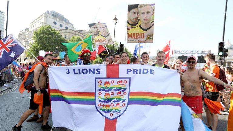 LONDON, ENGLAND - JULY 07: Parade goers during Pride In London on July 7, 2018 in London, England. It is estimated over 1 million people will take to the streets and approximately 30,000 people and 472 organisations will join the annual parade, which is one of the world's biggest LGBT+ celebrations. (Photo by Tristan Fewings/Getty Images for Pride In London)