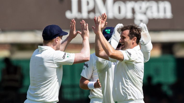 LONDON, ENGLAND - JULY 24: Tim Murtagh of Ireland (R) celebrates with his team mates after taking the wicket of Jason Roy of England (not shown) during day one of the Specsavers 1st Test match between England and Ireland at Lord's Cricket Ground on July 24, 2019 in London, England. (Photo by Andy Kearns/Getty Images)
