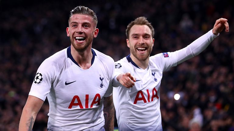 Toby Alderweireld and Christian Eriksen of Tottenham Hotspur celebrates as Fernando Llorente (not seen) scores their teams third goal during the UEFA Champions League Round of 16 First Leg match between Tottenham Hotspur and Borussia Dortmund at Wembley Stadium on February 13, 2019 in London, United Kingdom.