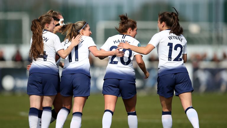 CHESHUNT, ENGLAND - MARCH 31: Jenna Schillaci of Tottenham Ladies celebrates with teammates after scoring her team's first goal during the WSL 2 match between Tottenham Hotspur Women and Manchester United Women at The Stadium Cheshunt on March 31, 2019 in Cheshunt, England. (Photo by Jack Thomas/Getty Images)