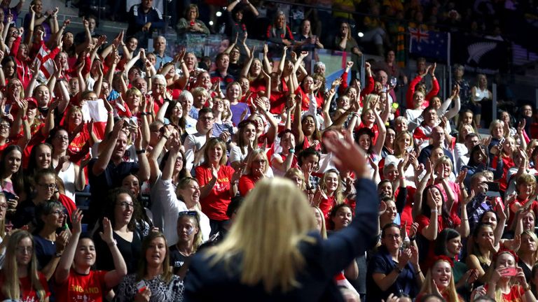 Tracey Neville salutes the crowd after England Netball secure bronze at the Vitality Netball World Cup 