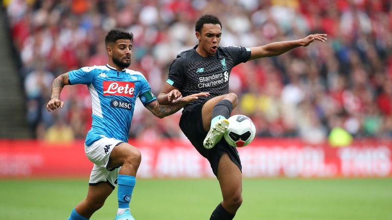 Lorenzo Insigne and Trent Alexander-Arnold battle for possession