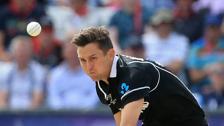 New Zealand's Trent Boult bowls during the 2019 Cricket World Cup group stage match against England