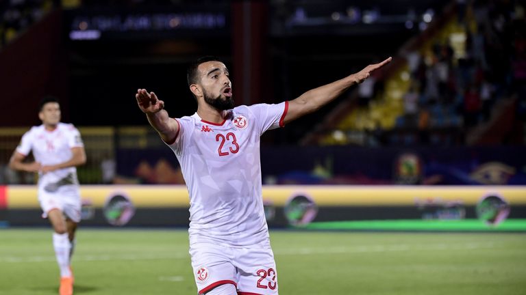 Tunisia's Naim Sliti celebrates scoring against Madagascar during their AFCON last eight encounter.