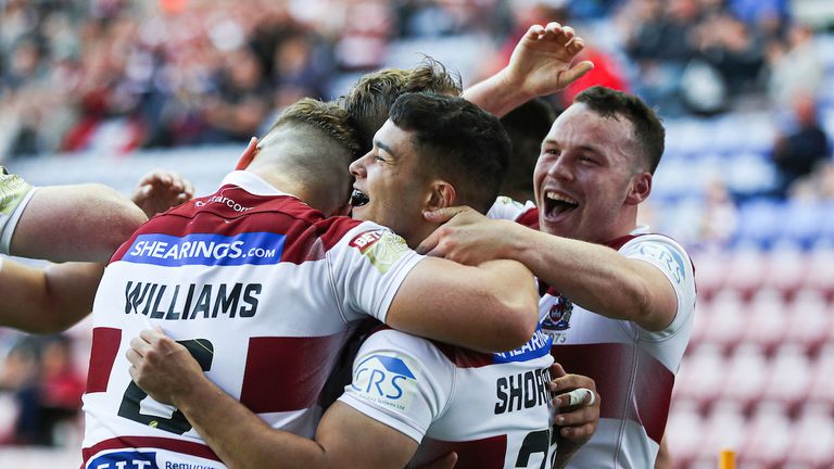 Picture by Paul Currie/SWpix.com - 18/07/2019 - Rugby League - Betfred Super League - Wigan Warriors v Wakefield Trinity - DW Stadium, Wigan, England - Jake Sharrocks of Wigan Warriors celebrates scoring the 5th try