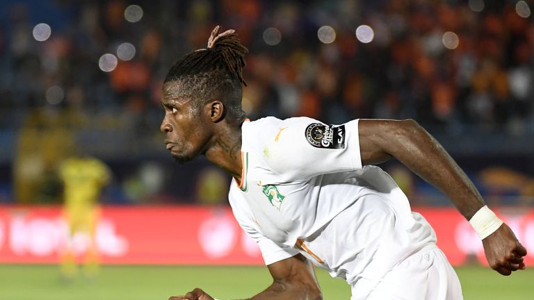 Wilfried Zaha wheels away after scoring Ivory Coast's winning goal against Mali in the last-16 at the Africa Cup of Nations