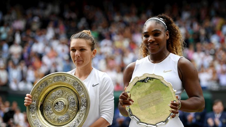 Simona Halep and Serena Williams present their trophies 