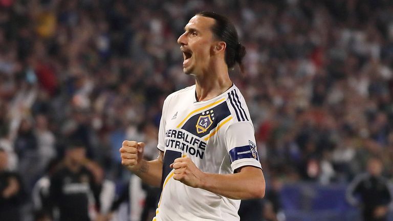 Zlatan Ibrahimovic of LA Galaxy celebrates after scoring a goal to make it 2-0 during the MLS match between Los Angeles Galaxy and Toronto FC at Dignity Health Sports Park on July 4, 2019 in Carson, California.
