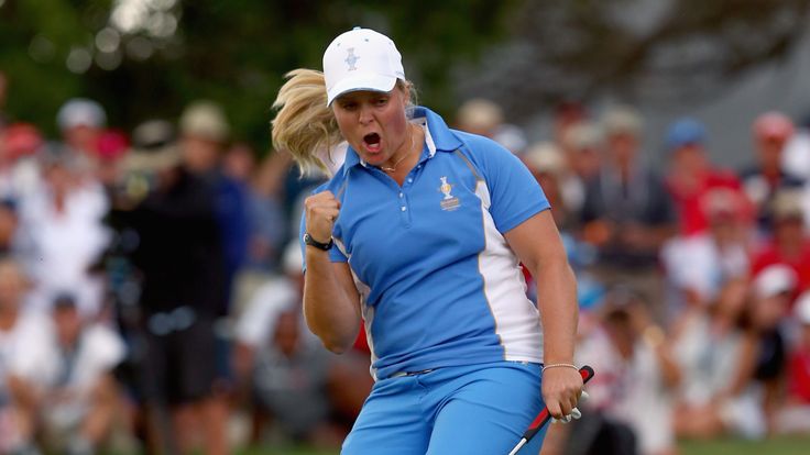 PARKER, CO - AUGUST 18:  Caroline Hedwall of Sweden and the European Solhiem Cup team celebrates after making a putt to win her match and retain the Solhiem Cup during the final day singles matches of the 2013 Solhiem Cup at the Colorado Golf Club on August 18, 2013 in Parker, Colorado.  (Photo by Andy Lyons/Getty Images) *** Local Caption *** Caroline Hedwall