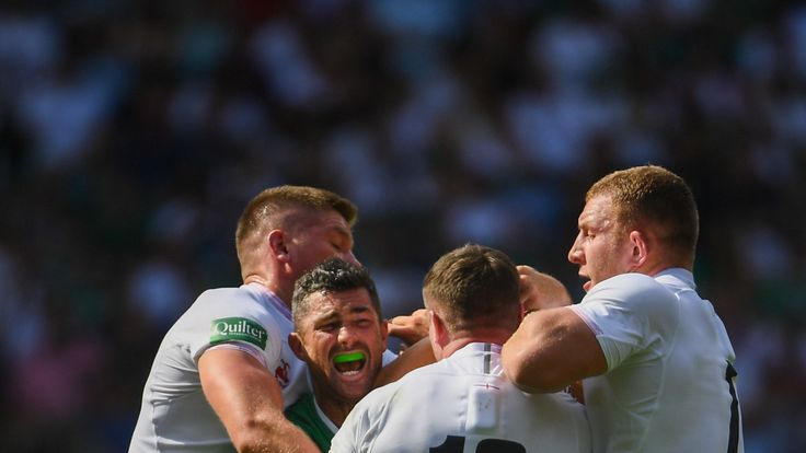 24 August 2019; Rob Kearney of Ireland is tackled by, from left, Owen Farrell, George Ford and Sam Underhill of England, during the Quilter International match between England and Ireland at Twickenham Stadium in London, England. Photo by Ramsey Cardy/Sportsfile